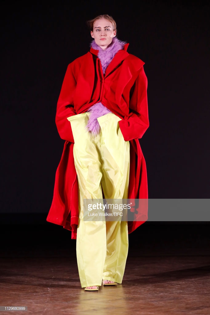 LONDON, ENGLAND - FEBRUARY 14: A model walks during the Ernesto Naranjo AW19 during London Fashion Week February 2019 on February 14, 2019 in London, England. (Photo by Luke Walker/BFC/Getty Images)